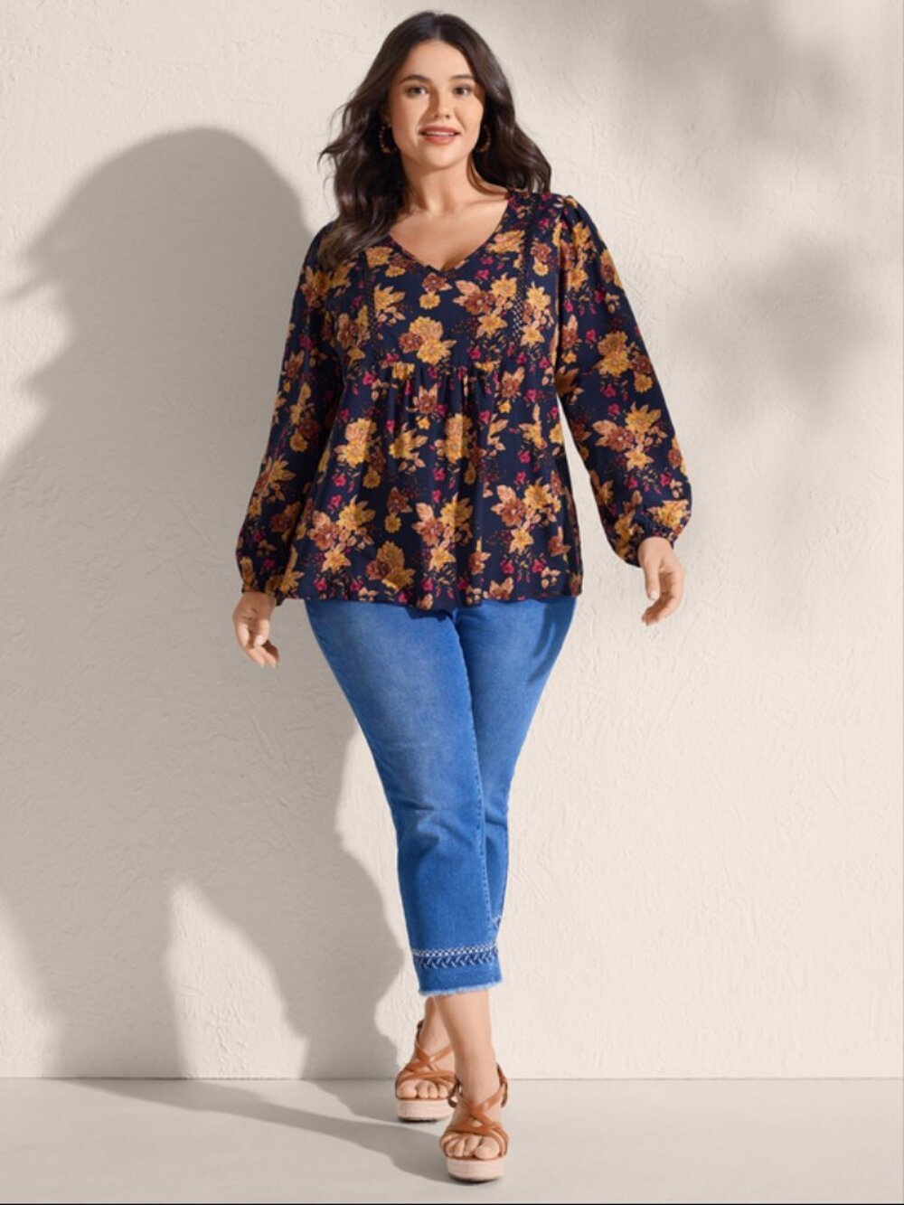 BloomChic Dark Blue Fall Florals Lace Trim Flowy Blouse 14-16/1X NWT